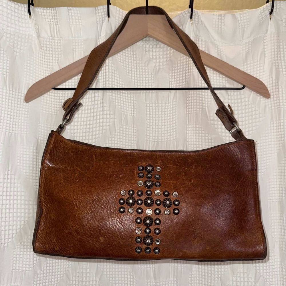 Two Bar West Shoulder Bag Brown Leather Studded Cross Grunge Boho Y2K Western OS